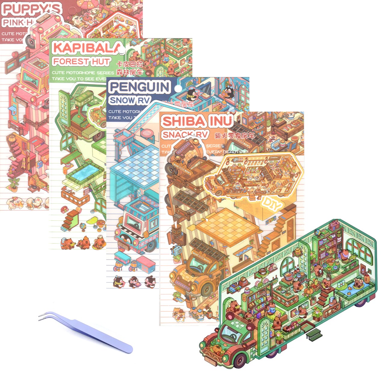 Sticker Scene Pack of 4 Cute Vehicles, Isometric Sticker Sets plus Tweezers, Adorabilities